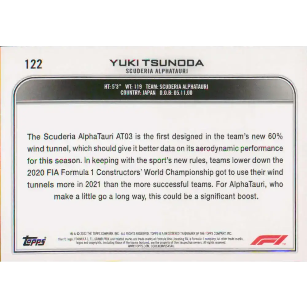 2022 Topps Formula 1 #122 Yuki Tsunoda NM-MT Racing Card - Racing Card Single
