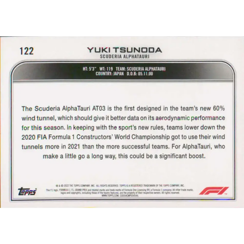 2022 Topps Formula 1 #122 Yuki Tsunoda NM-MT Racing Card - Racing Card Single