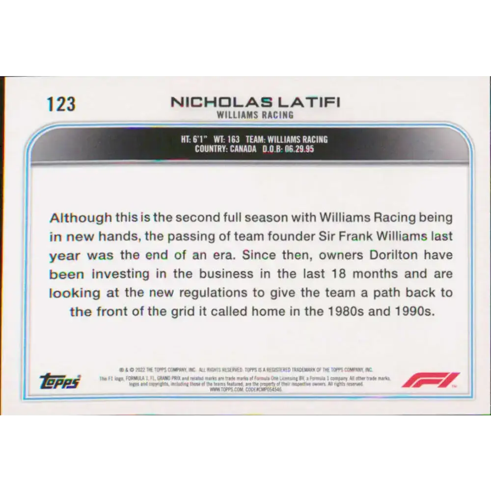 2022 Topps Formula 1 #123 Nicholas Latifi NM-MT Racing Card - Racing Card Single