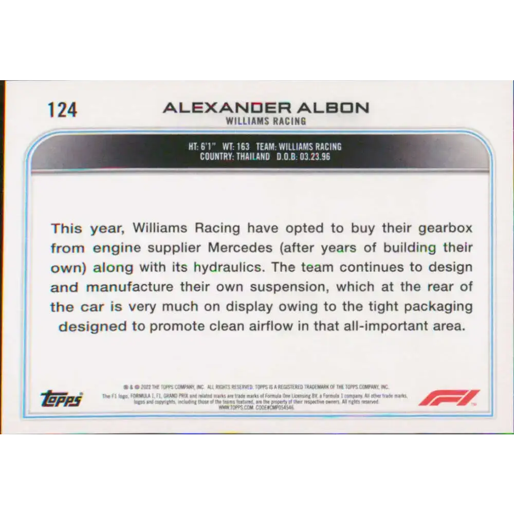 2022 Topps Formula 1 #124 Alexander Albon NM-MT Racing Card - Racing Card Single