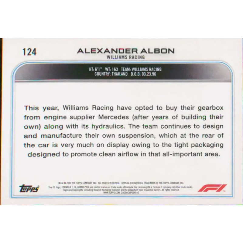 2022 Topps Formula 1 #124 Alexander Albon NM-MT Racing Card - Racing Card Single