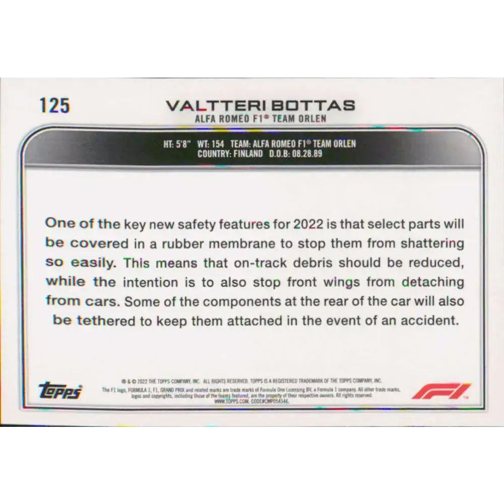 2022 Topps Formula 1 #125 Valtteri Bottas NM-MT Racing Card - Racing Card Single