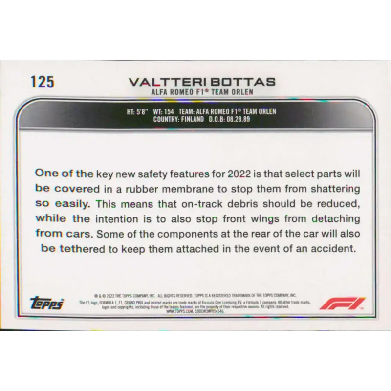 2022 Topps Formula 1 #125 Valtteri Bottas NM-MT Racing Card - Racing Card Single