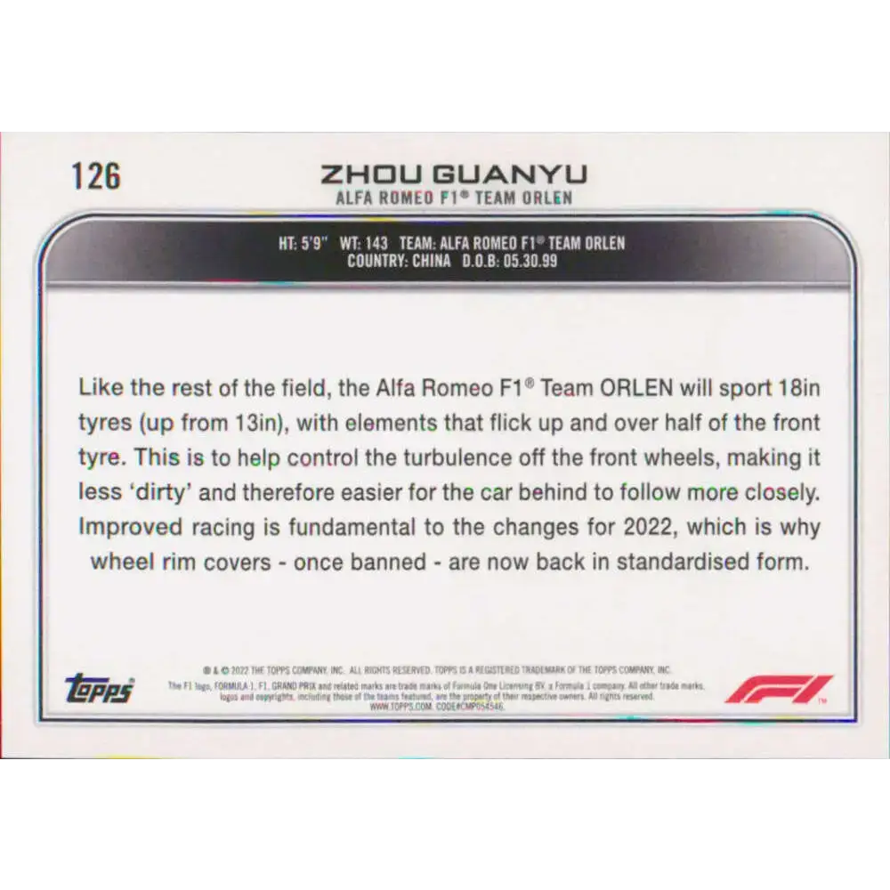 2022 Topps Formula 1 #126 Zhou Guanyu NM-MT Racing Card - Racing Card Single
