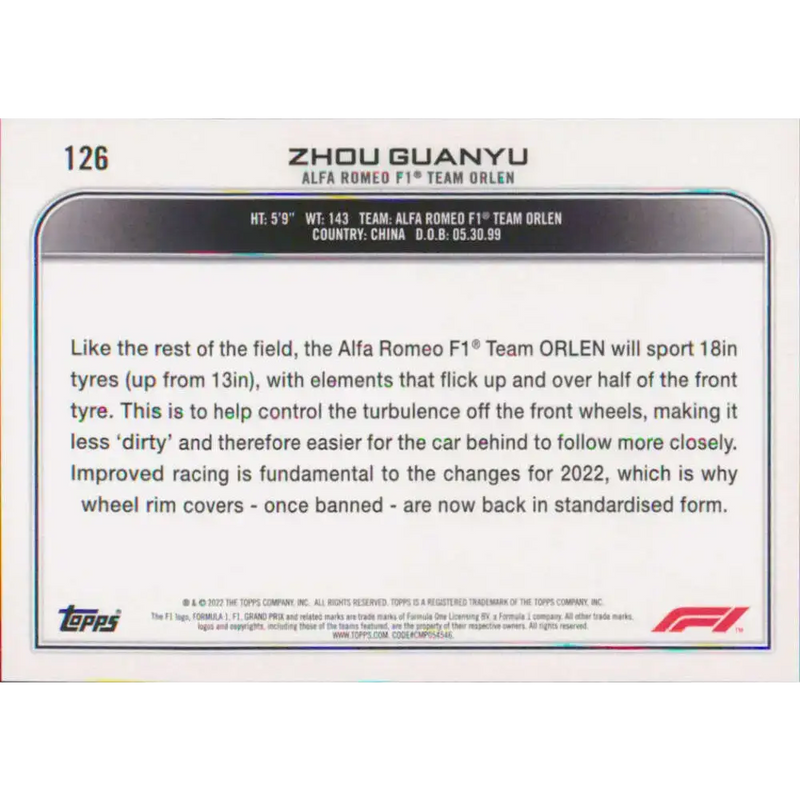 2022 Topps Formula 1 #126 Zhou Guanyu NM-MT Racing Card - Racing Card Single