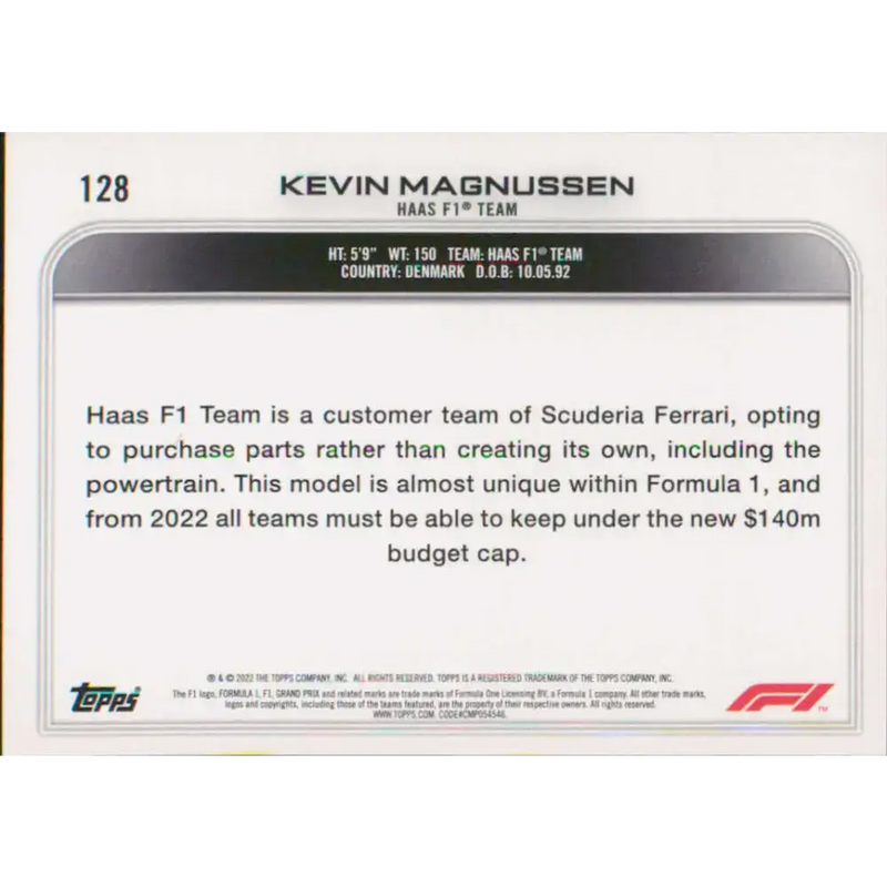 2022 Topps Formula 1 #128 Kevin Magnussen NM-MT Racing Card - Racing Card Single