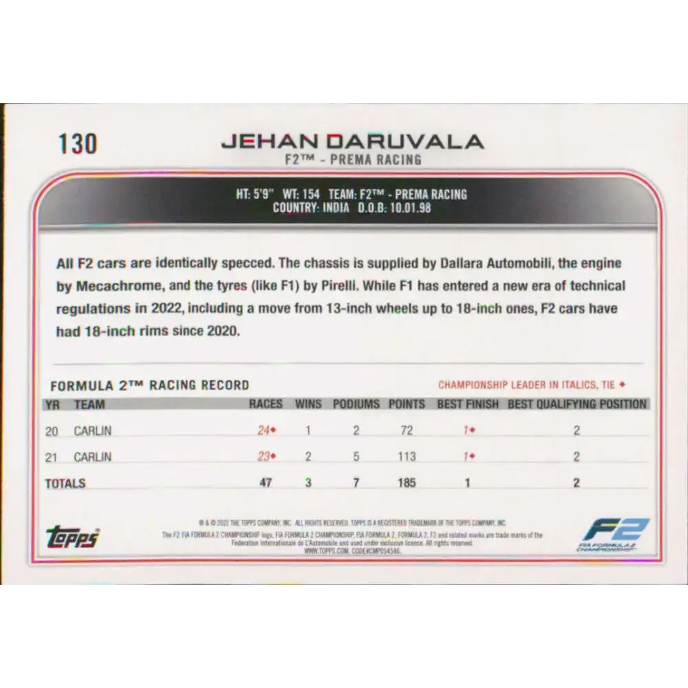 2022 Topps Formula 1 #130 Jehan Daruvala NM-MT Racing Card - Racing Card Single