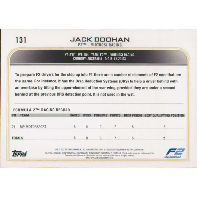 2022 Topps Formula 1 #131 Jack Doohan NM-MT Racing Card - Racing Card Single