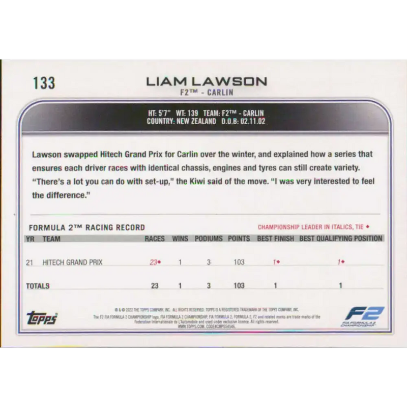 2022 Topps Formula 1 #133 Liam Lawson NM-MT Racing Card - Racing Card Single