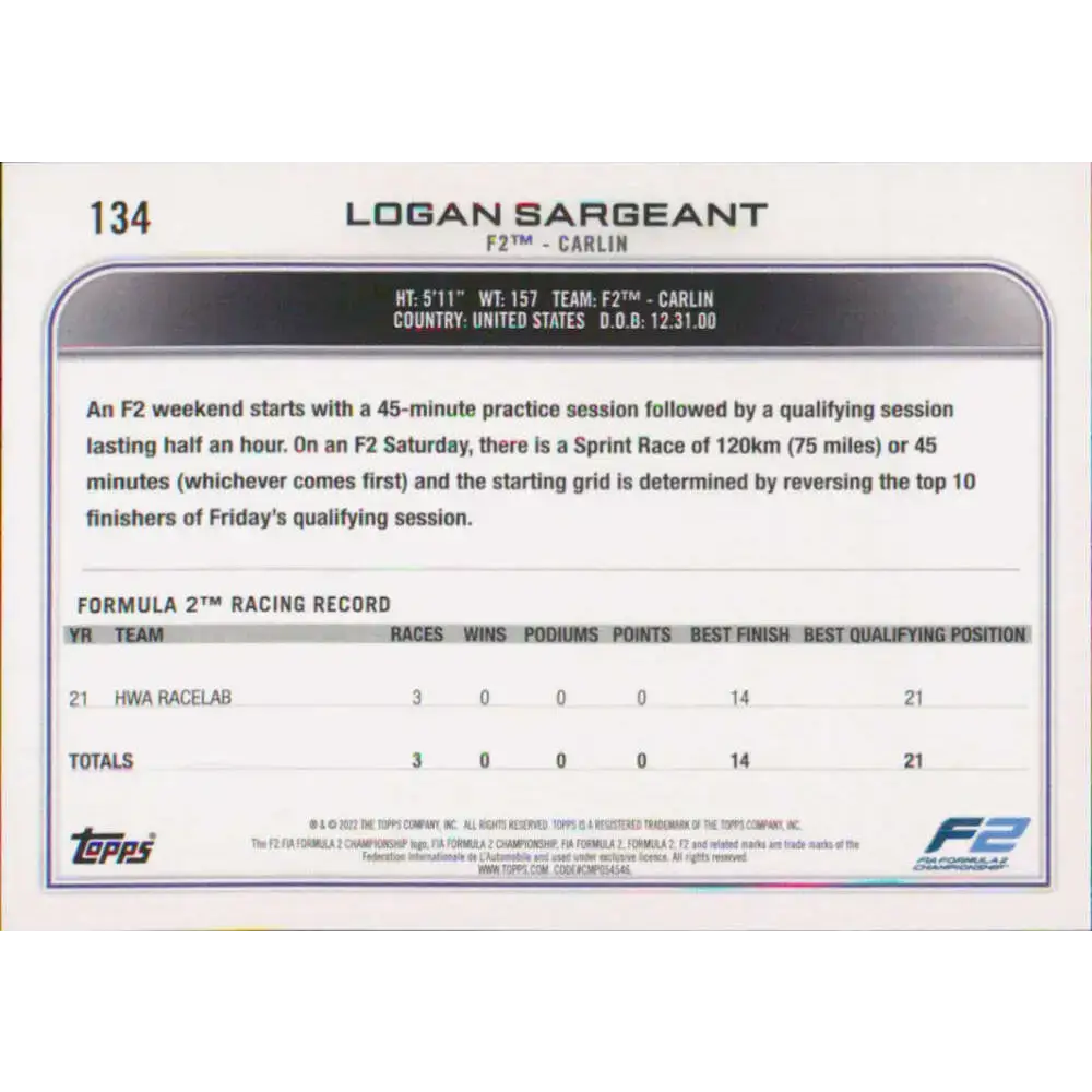 2022 Topps Formula 1 #134 Logan Sargeant NM-MT Racing Card - Racing Card Single
