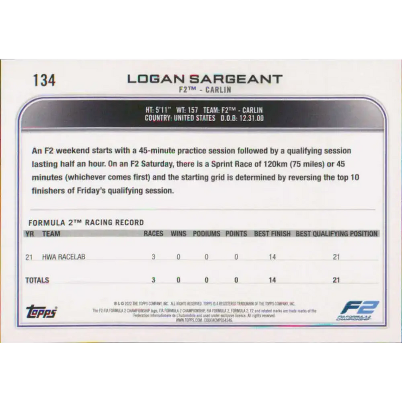 2022 Topps Formula 1 #134 Logan Sargeant NM-MT Racing Card - Racing Card Single