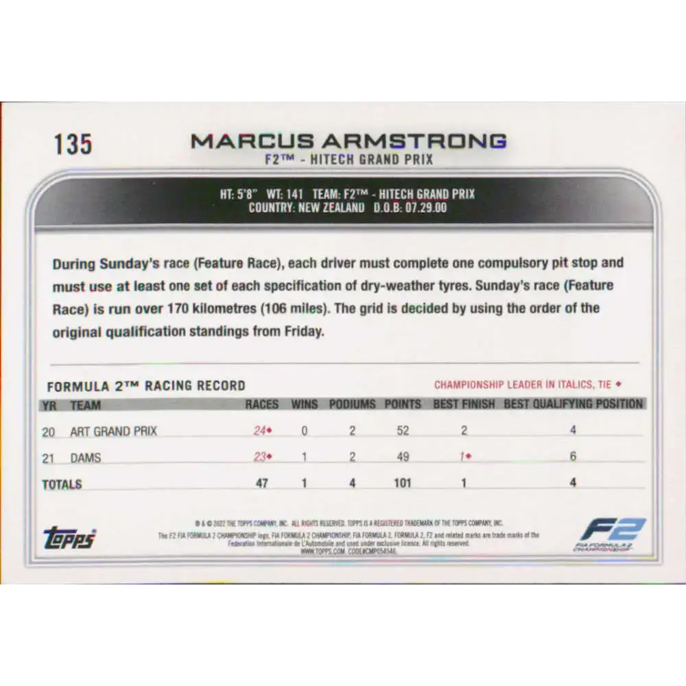 2022 Topps Formula 1 #135 Marcus Armstrong NM-MT Racing Card - Racing Card Single