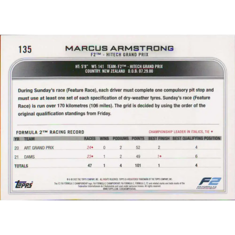 2022 Topps Formula 1 #135 Marcus Armstrong NM-MT Racing Card - Racing Card Single
