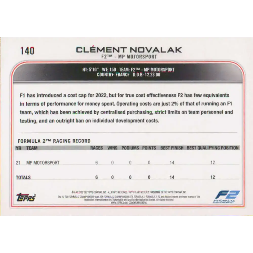 2022 Topps Formula 1 #140 Clement Novalak NM-MT Racing Card - Racing Card Single