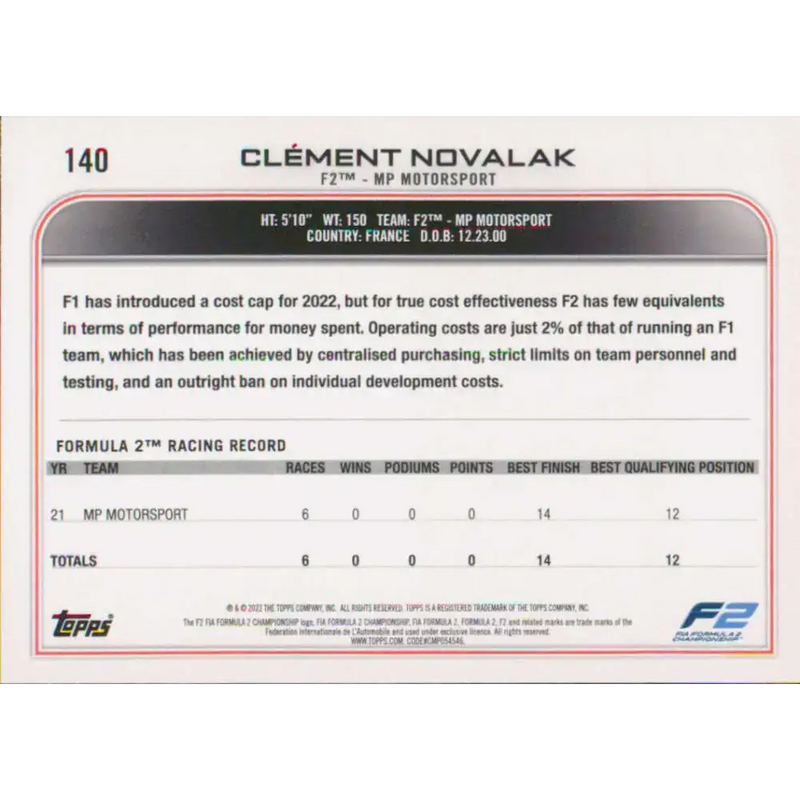 2022 Topps Formula 1 #140 Clement Novalak NM-MT Racing Card - Racing Card Single