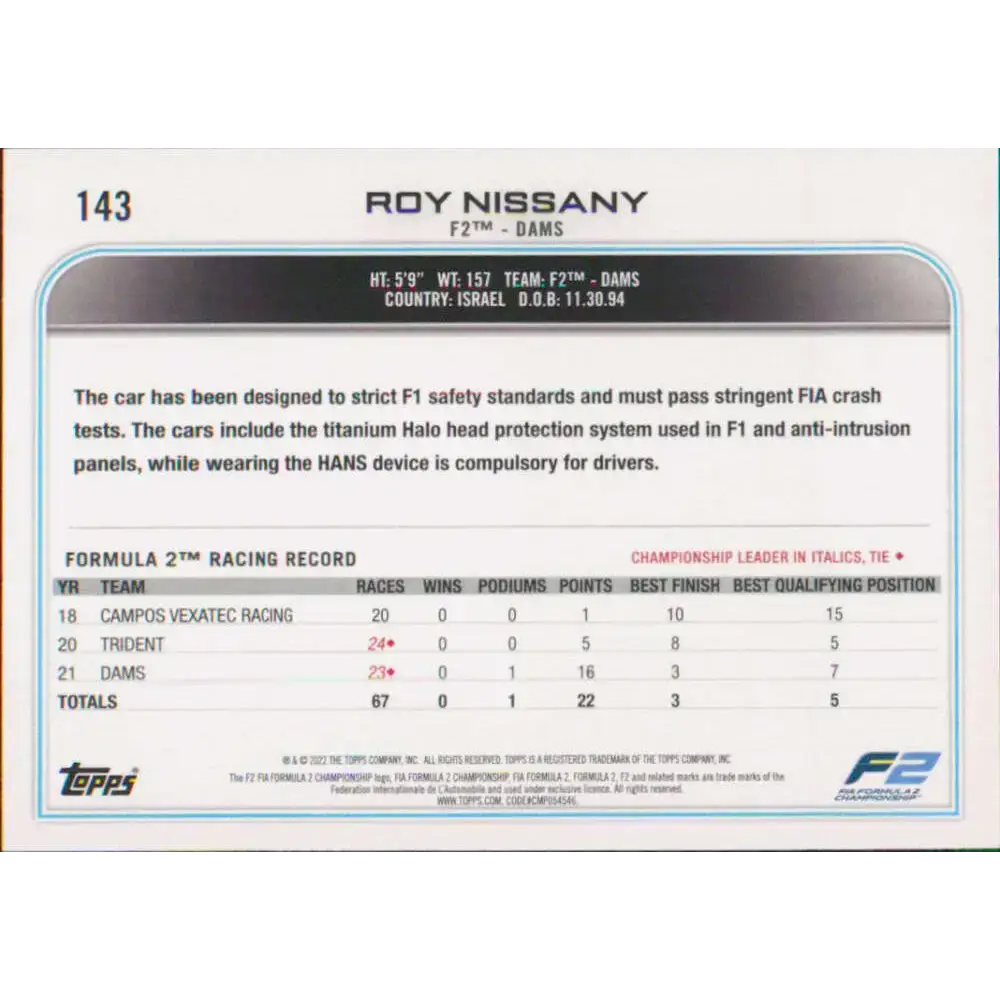 2022 Topps Formula 1 #143 Roy Nissany NM-MT Racing Card - Racing Card Single