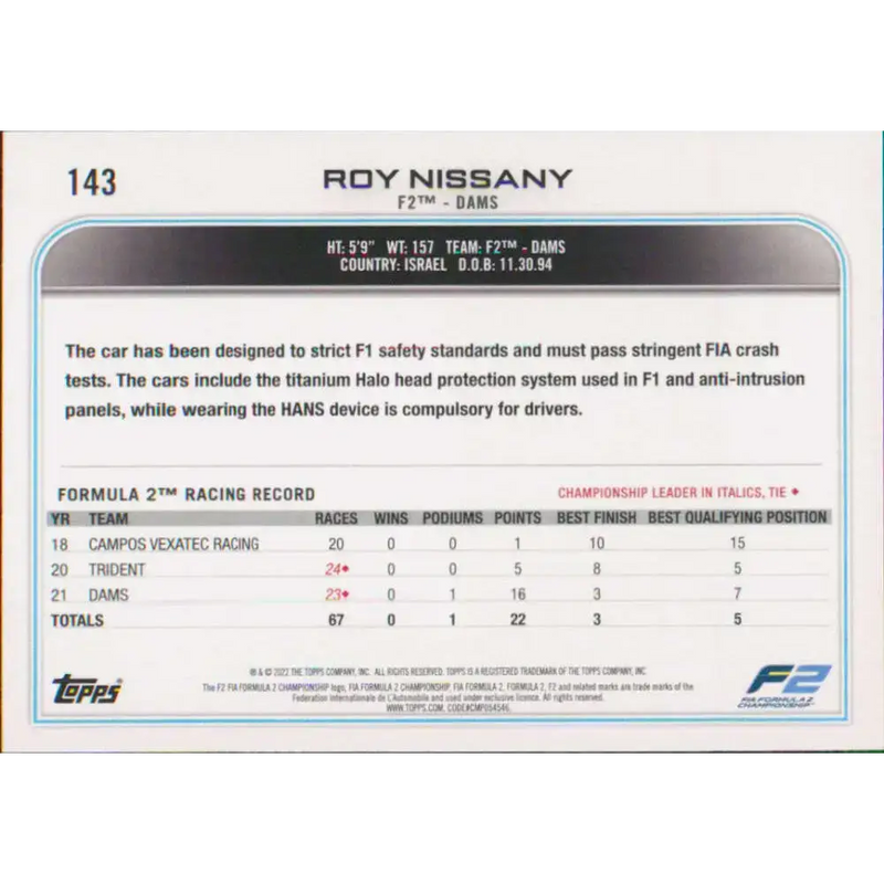 2022 Topps Formula 1 #143 Roy Nissany NM-MT Racing Card - Racing Card Single