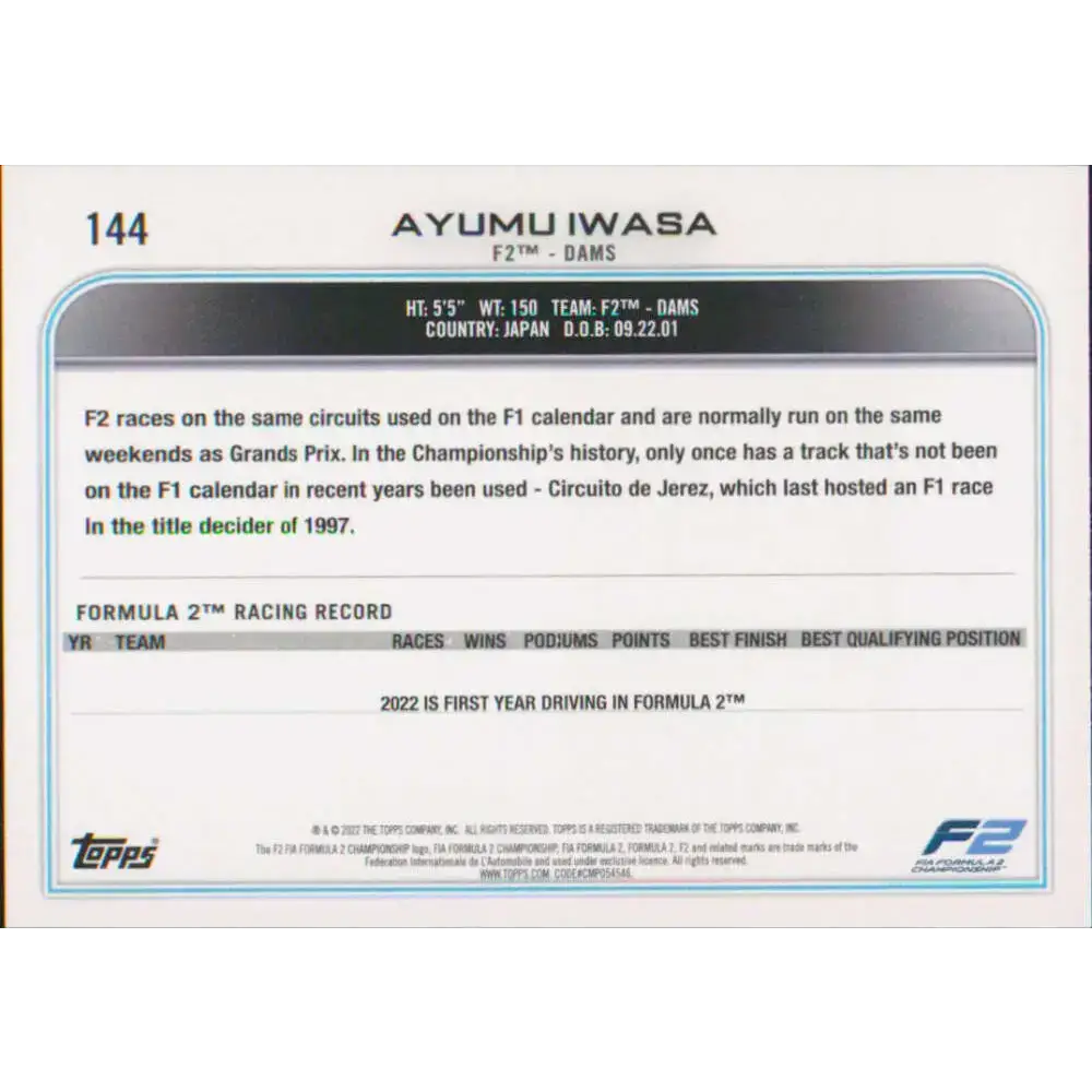 2022 Topps Formula 1 #144 Ayumu Iwasa NM-MT Racing Card - Racing Card Single