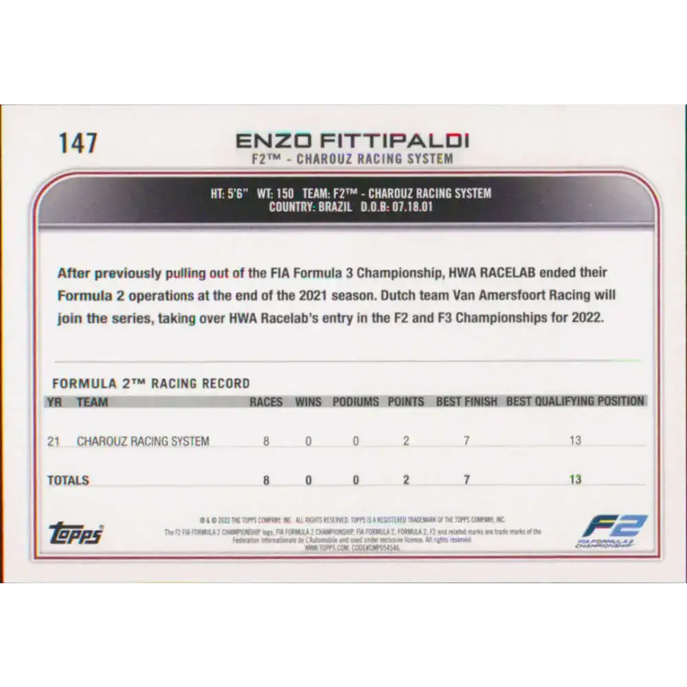 2022 Topps Formula 1 #147 Enzo Fittipaldi NM-MT Racing Card - Racing Card Single
