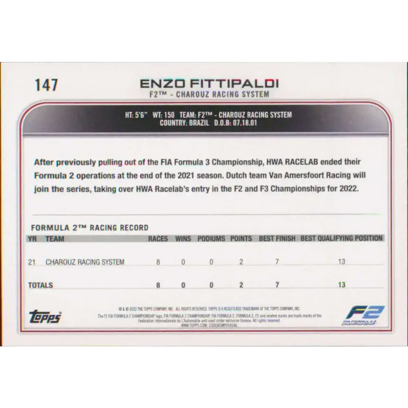 2022 Topps Formula 1 #147 Enzo Fittipaldi NM-MT Racing Card - Racing Card Single
