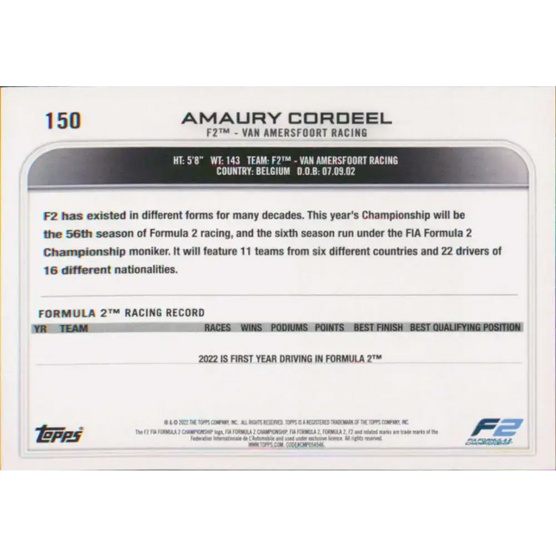 2022 Topps Formula 1 #150 Amaury Cordeel NM-MT Racing Card - Racing Card Single