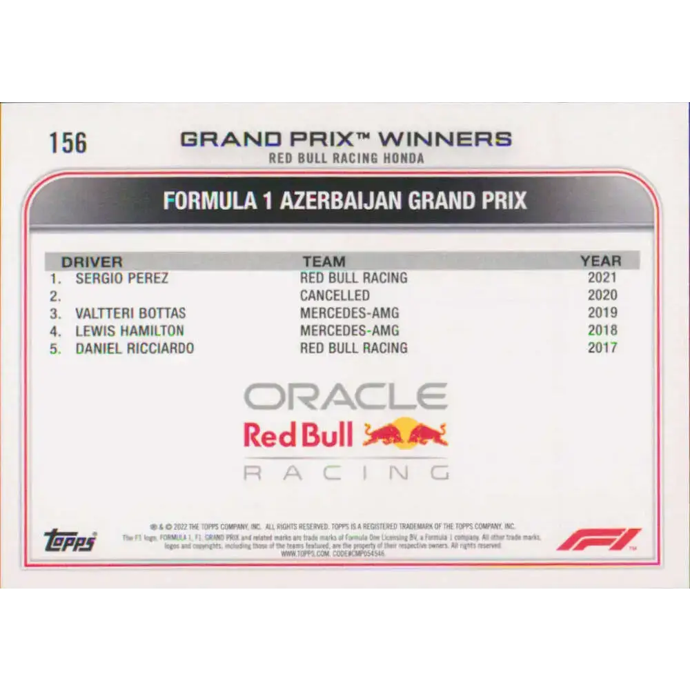 2022 Topps Formula 1 #156 Sergio Perez NM-MT Racing Card - Racing Card Single