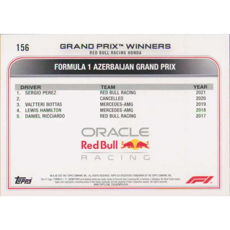 2022 Topps Formula 1 #156 Sergio Perez NM-MT Racing Card - Racing Card Single