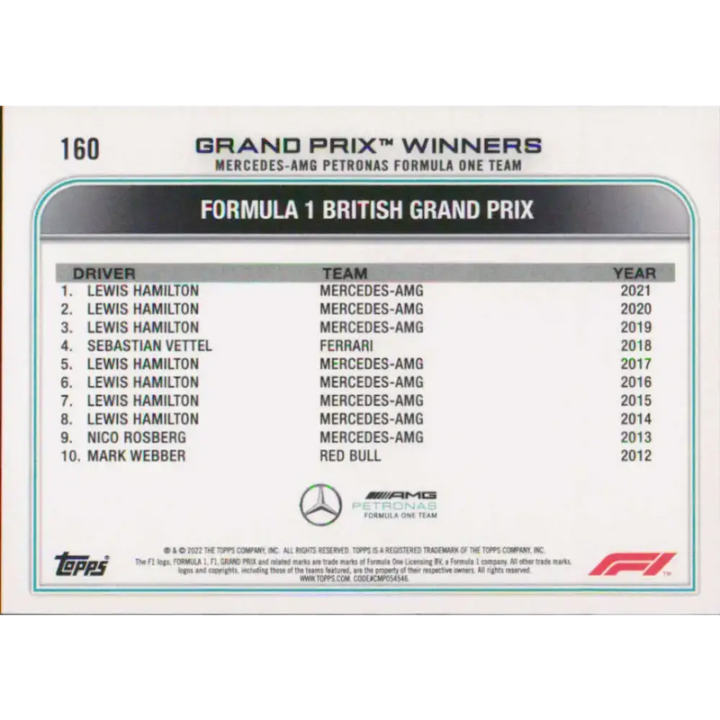 2022 Topps Formula 1 #160 Lewis Hamilton NM-MT Racing Card - Racing Card Single