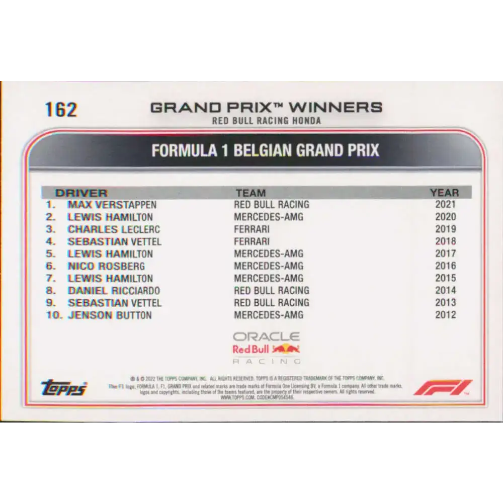 2022 Topps Formula 1 #162 Max Verstappen NM-MT Racing Card - Racing Card Single