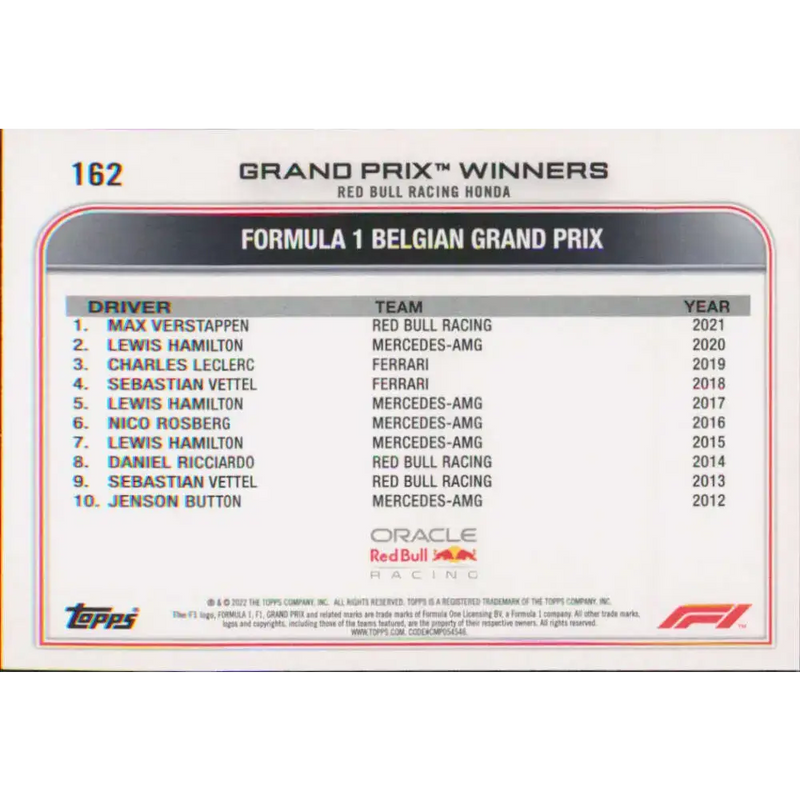 2022 Topps Formula 1 #162 Max Verstappen NM-MT Racing Card - Racing Card Single