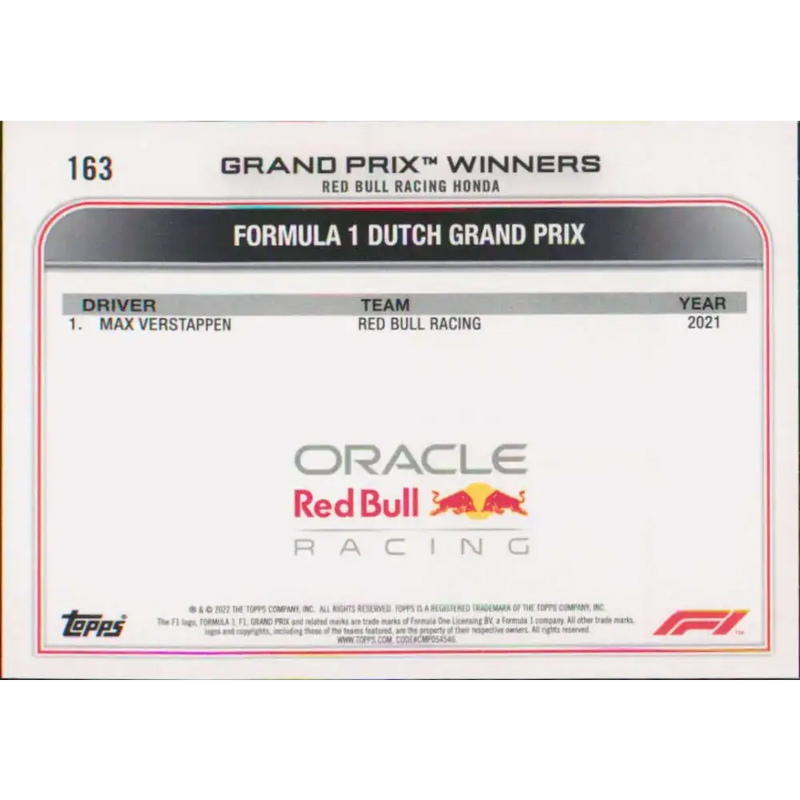 2022 Topps Formula 1 #163 Max Verstappen NM-MT Racing Card - Racing Card Single