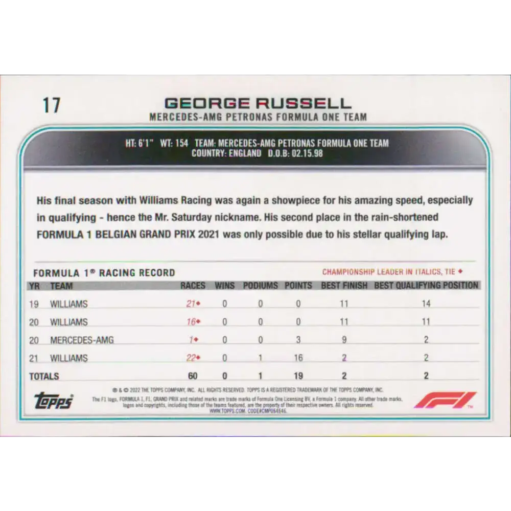 2022 Topps Formula 1 #17 George Russell NM-MT Racing Card - Racing Card Single
