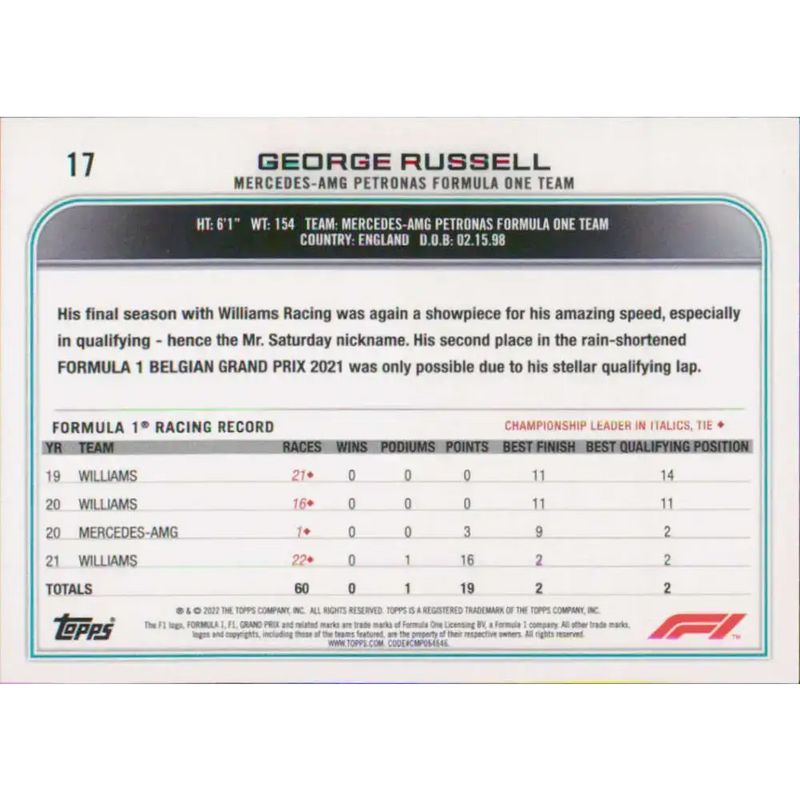 2022 Topps Formula 1 #17 George Russell NM-MT Racing Card - Racing Card Single