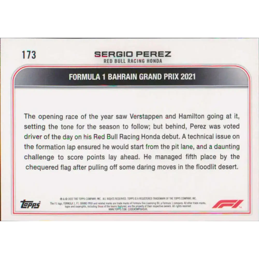 2022 Topps Formula 1 #173 Sergio Perez NM-MT Racing Card - Racing Card Single
