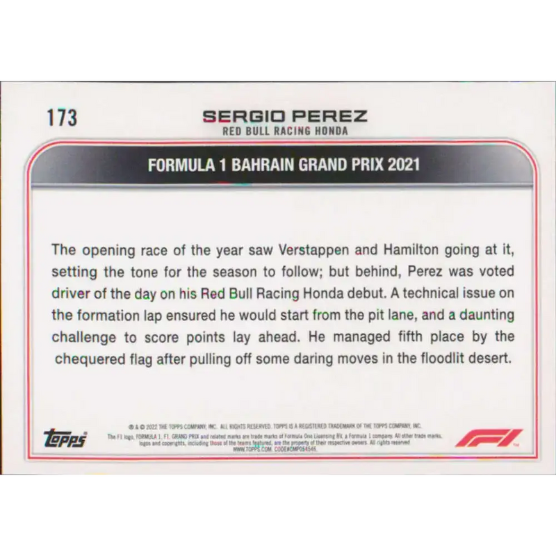 2022 Topps Formula 1 #173 Sergio Perez NM-MT Racing Card - Racing Card Single
