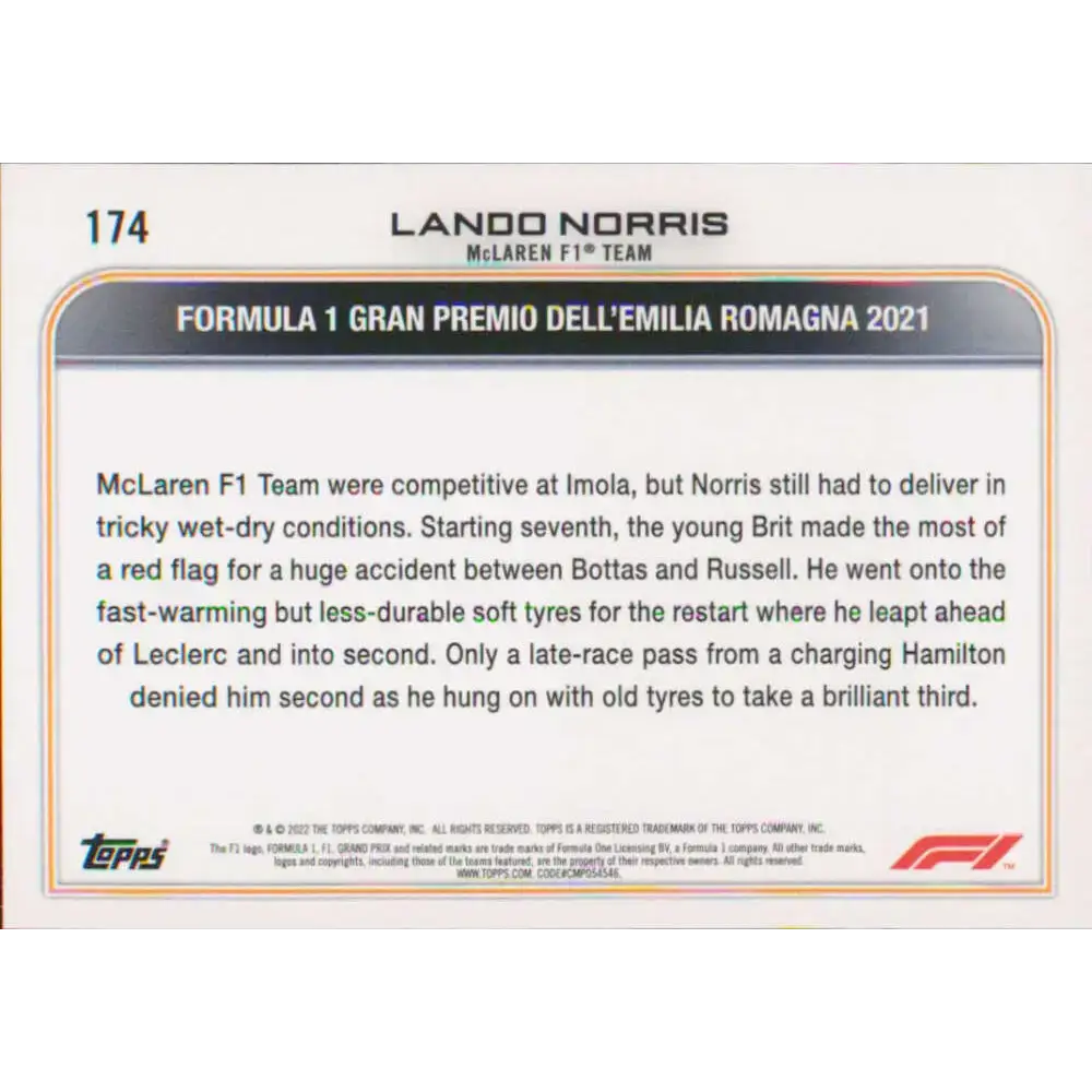 2022 Topps Formula 1 #174 Lando Norris NM-MT Racing Card - Racing Card Single