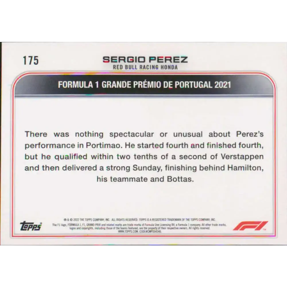 2022 Topps Formula 1 #175 Sergio Perez NM-MT Racing Card - Racing Card Single