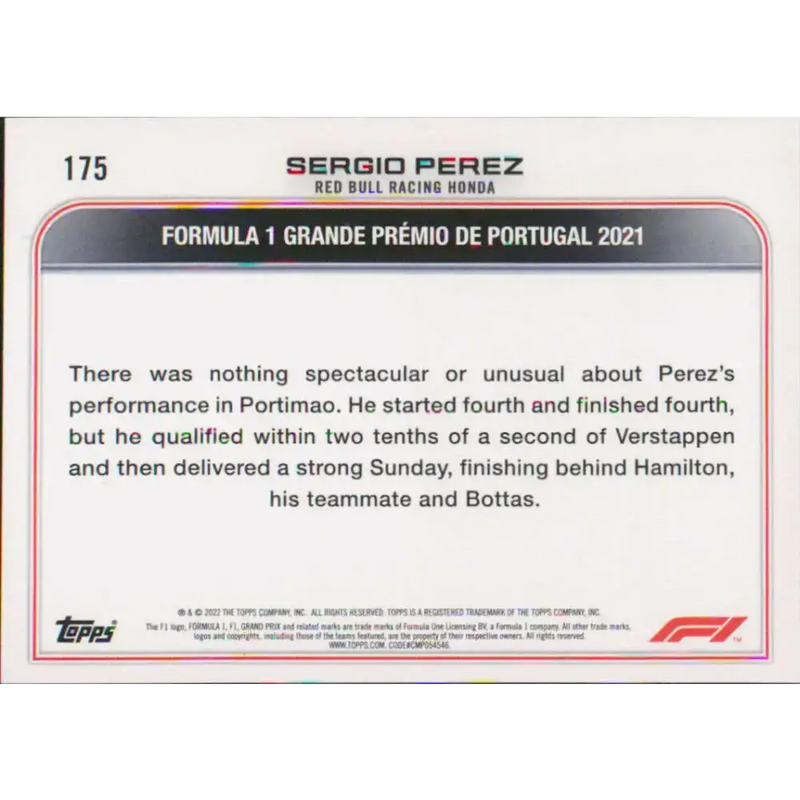 2022 Topps Formula 1 #175 Sergio Perez NM-MT Racing Card - Racing Card Single
