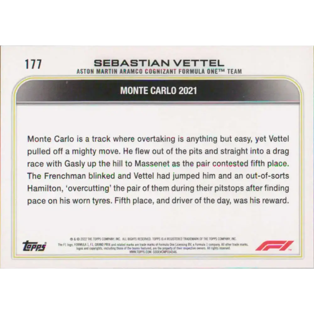 2022 Topps Formula 1 #177 Sebastian Vettel NM-MT Racing Card - Racing Card Single