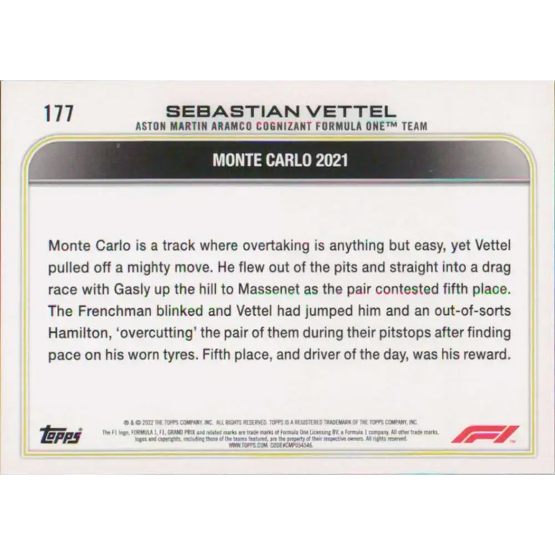 2022 Topps Formula 1 #177 Sebastian Vettel NM-MT Racing Card - Racing Card Single