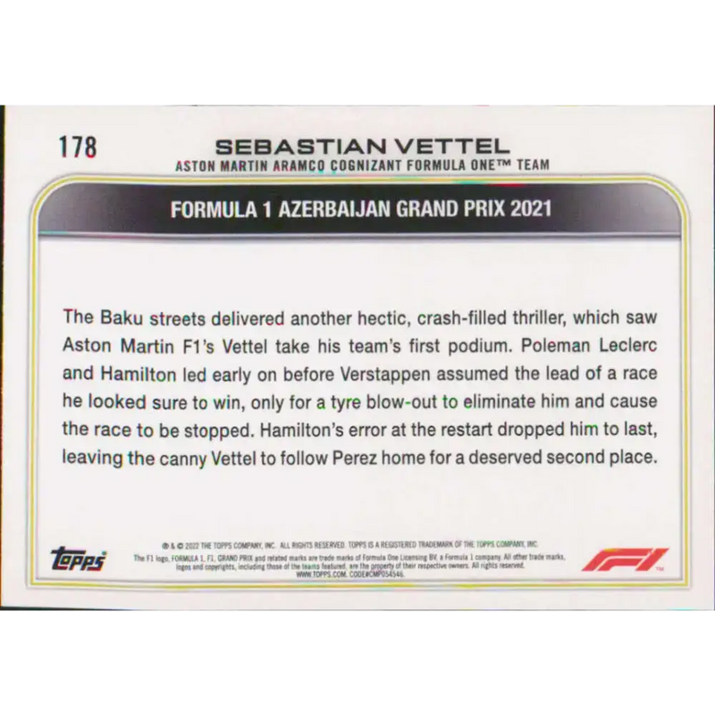 2022 Topps Formula 1 #178 Sebastian Vettel NM-MT Racing Card - Racing Card Single