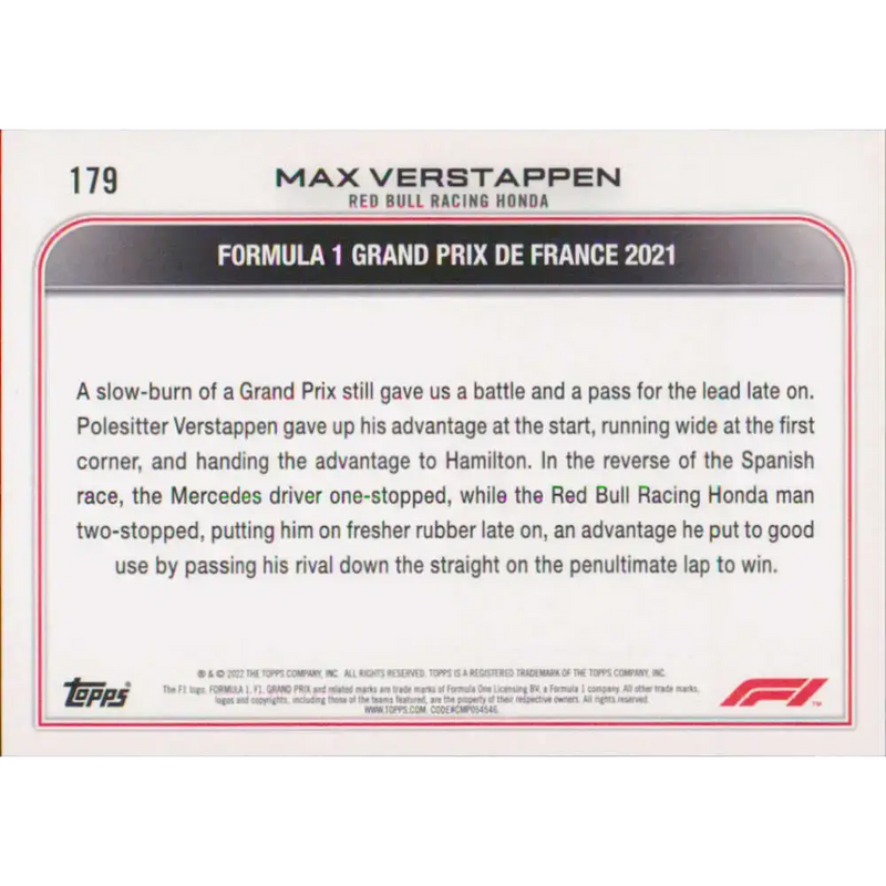 2022 Topps Formula 1 #179 Max Verstappen NM-MT Racing Card - Racing Card Single
