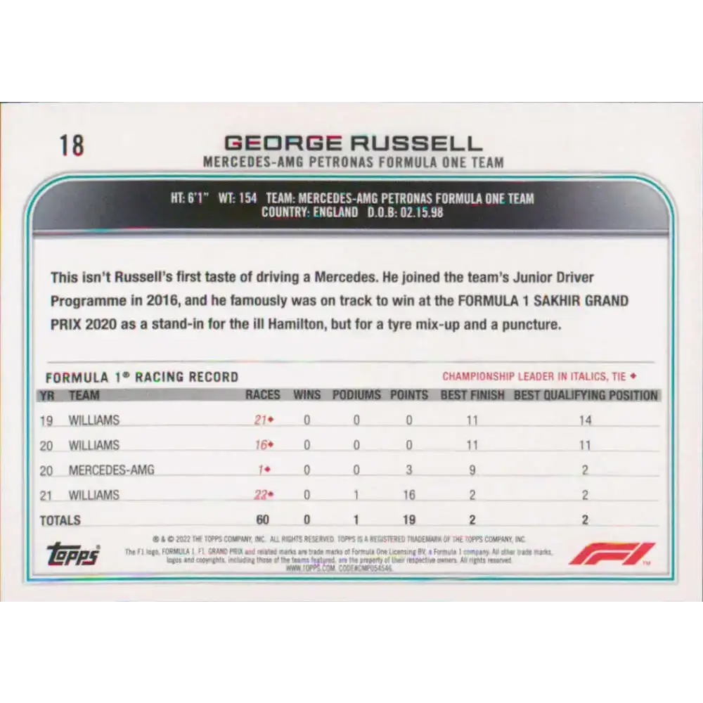 2022 Topps Formula 1 #18 George Russell NM-MT Racing Card - Racing Card Single