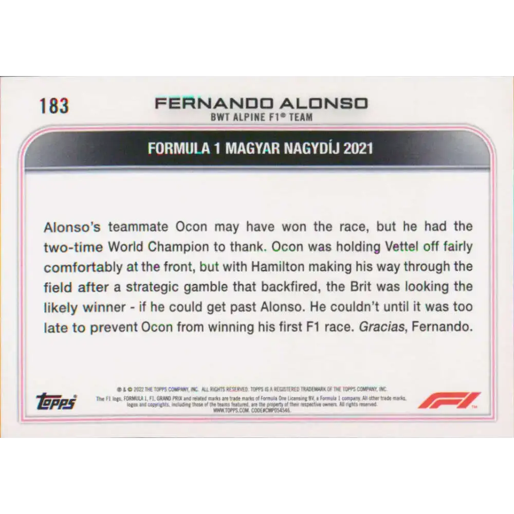 2022 Topps Formula 1 #183 Fernando Alonso NM-MT Racing Card - Racing Card Single
