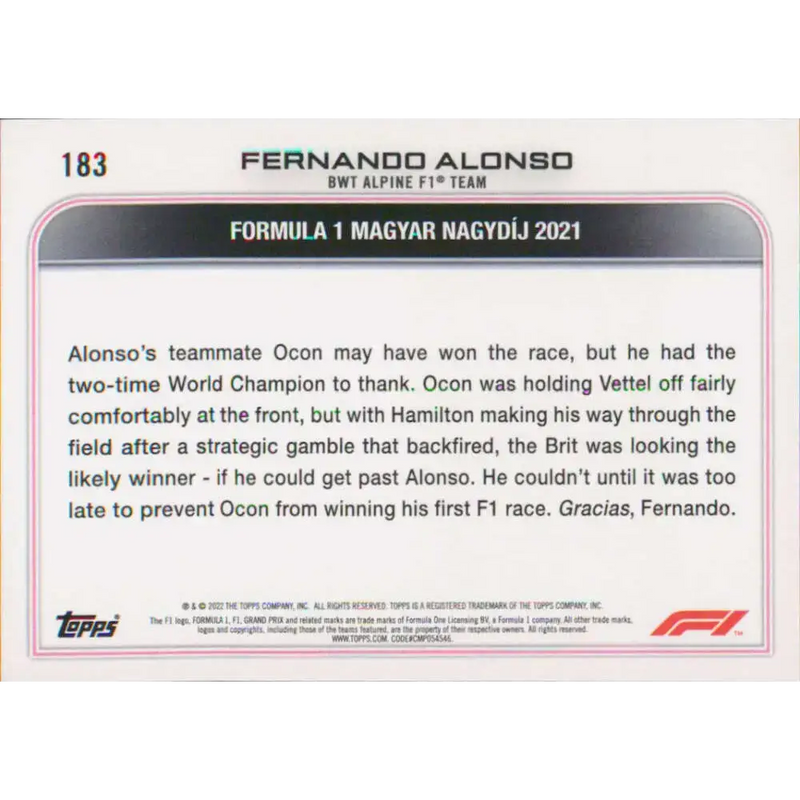 2022 Topps Formula 1 #183 Fernando Alonso NM-MT Racing Card - Racing Card Single