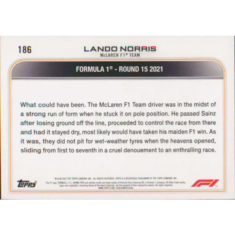 2022 Topps Formula 1 #186 Lando Norris NM-MT Racing Card - Racing Card Single