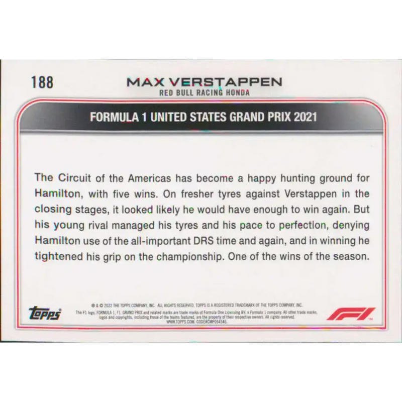 2022 Topps Formula 1 #188 Max Verstappen NM-MT Racing Card - Racing Card Single