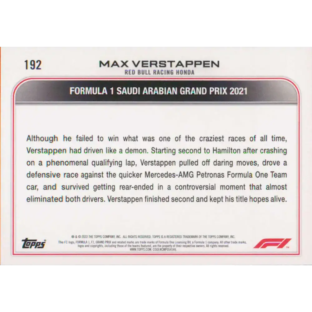 2022 Topps Formula 1 #192 Max Verstappen NM-MT Racing Card - Racing Card Single