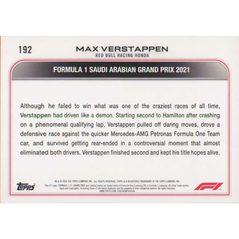 2022 Topps Formula 1 #192 Max Verstappen NM-MT Racing Card - Racing Card Single