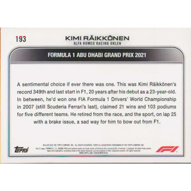2022 Topps Formula 1 #193 Kimi Raikkonen NM-MT Racing Card - Racing Card Single